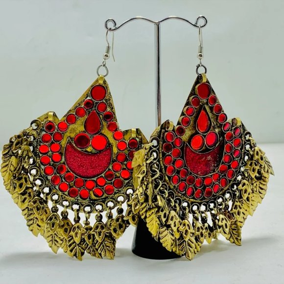Handmade Afghan Kuchi Earrings: Red Glass Boho Jewelry - Picture 1 of 12